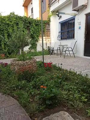 a garden with flowers in front of a building at CHAMBRE BLANCHE in Ialyssos