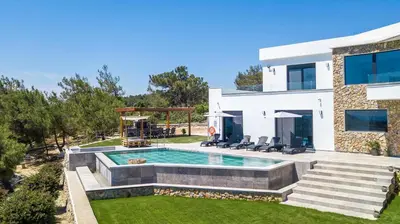 a house with a swimming pool in the yard at Villa Indira in Kalithies