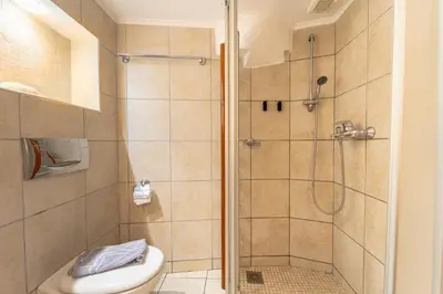a bathroom with a shower and a toilet at Arte Lindos Suites in Líndos
