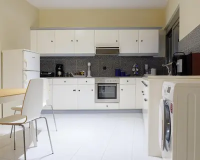 a white kitchen with white cabinets and white appliances at Apartment Lazarous 2 in Apolakkiá