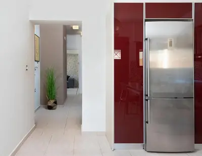 a stainless steel refrigerator in a hallway with red walls at Alina in Triánta