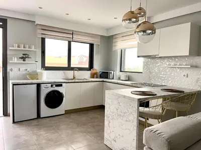 a kitchen with a washer and dryer at Vixen Apartment in Theologos