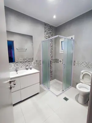 a bathroom with a shower and a toilet and a sink at Nostalgia Apartment in Archangelos