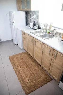 a kitchen with a sink and a white refrigerator at Livadi house in Theologos