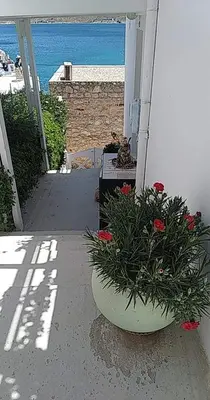 a pot of flowers sitting on the side of a building at Ornella's & Laura's secret place in Livadia