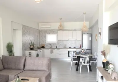 a living room and kitchen with a couch and a table at Vaso Beach Front Villa in Ialyssos