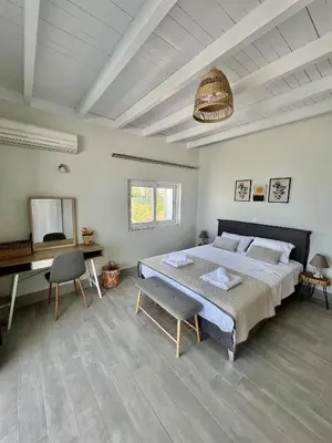 a bedroom with a large bed and a desk at Vaso Beach Front Villa in Ialyssos