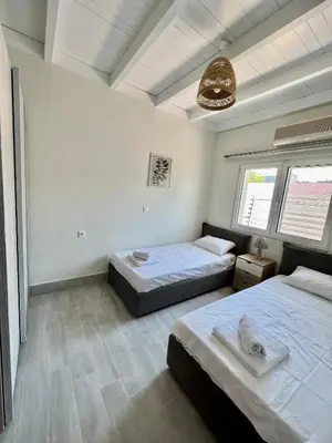 a bedroom with two beds and a ceiling at Vaso Beach Front Villa in Ialyssos