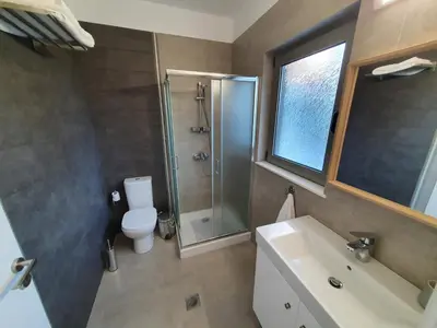 a bathroom with a shower and a toilet and a sink at Kalavarda Cosy Home 2 in Kalavárda