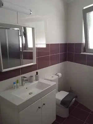 a bathroom with a toilet and a sink and a mirror at Kalavarda Cosy Home 1 in Kalavárda