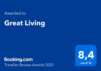 a blue screen with the words great living on it at Great Living in Rhodes Town