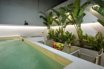 a swimming pool in a room with plants at Casa Antonis - Modern Home with Jacuzzi near Faliraki in Kalithies