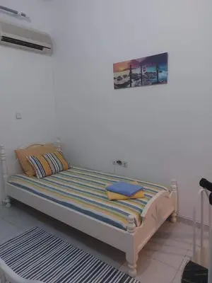 a bed in a room with a white wall at Jaana & Akis Holiday Home 1&2, Haraki in Haraki