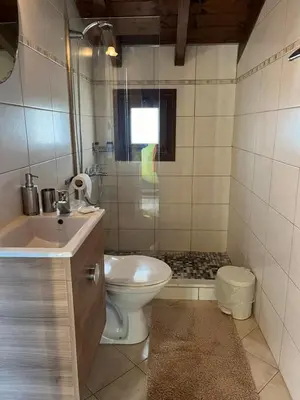 a bathroom with a toilet and a sink and a shower at Seaview Villa - Amazing Sea & Mountain View in Koskinou