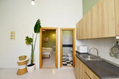 a kitchen with a sink and a toilet in a room at Jimmy's Pool House in Kremasti