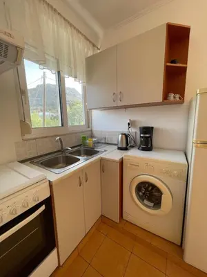a small kitchen with a sink and a dishwasher at Plastiras Sea View Apartments in Archangelos
