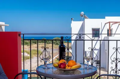 a table with a bowl of fruit and a bottle of wine at Olympia Villa in Gennadi