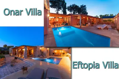 a collage of photos of a swimming pool and a house at Eftopia Villa Kolympia by Onar Villas in Kolimbia