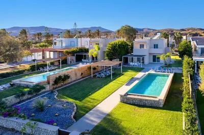 an aerial view of a house with a swimming pool at Sea Homes Villas- Villa Alberto in Kiotari