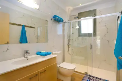 a bathroom with a shower and a toilet and a sink at Villa Paleos Evergreen by Villa Plus in Ialyssos