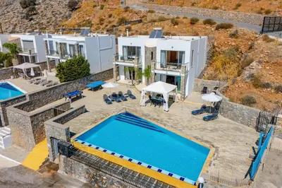 an aerial view of a villa with a swimming pool at Villa Castello by Villa Plus in Líndos