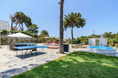 a patio with two ping pong tables and a tree at Villa Despina by Villa Plus in Pefki Rhodes