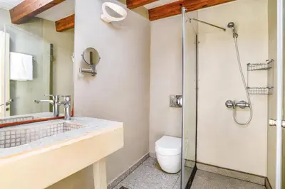 a bathroom with a shower and a toilet at Villa Dione Seastone by Villa Plus in Kiotari