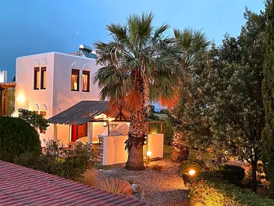 a palm tree in front of a white house at Tramonto Blue in Gennadi