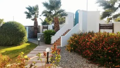 a white house with palm trees and a garden at Tramonto Blue in Gennadi