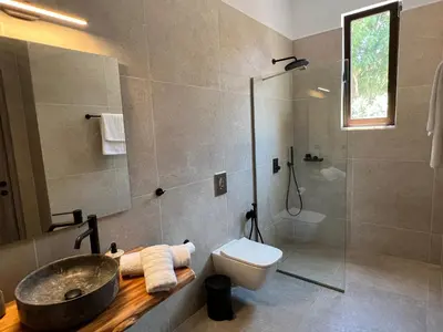 a bathroom with a sink and a toilet and a shower at Kavos beach house in Pefki Rhodes