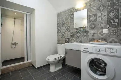 a bathroom with a toilet and a washing machine at Myrsini's House in Symi