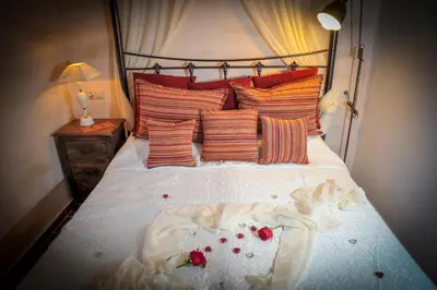 a bedroom with a bed with red roses on it at Villa Amalia in Líndos