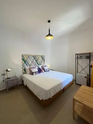 a bedroom with a large bed in a room at Filigrana Villa Lindos in Líndos