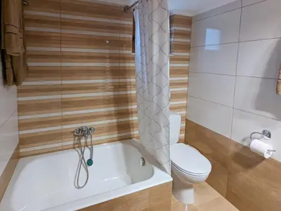 a bathroom with a toilet and a bath tub with a toilet at Tharenos home in Émbonas