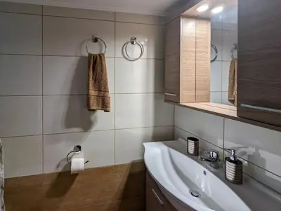 a bathroom with a sink and a mirror at Tharenos home in Émbonas