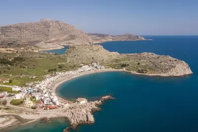 an aerial view of a small island in the ocean at New Loft by Ossiano Pool Villas, Heating Pool,2 min drive to Haraki Beach & 10 to Lindos in Haraki