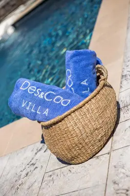 a blue boot in a basket next to a swimming pool at Des & Coo Luxury Villa with Private Pool in Faliraki