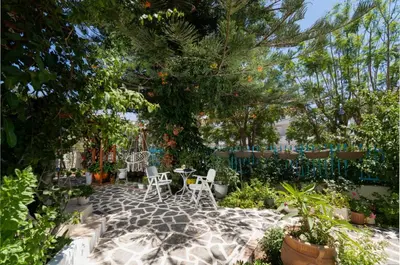 a patio with a table and chairs under a tree at House of Flowers in Rhodes Town
