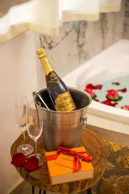 a bottle of champagne in a bucket on a table at Demar luxury villa in Rhodes Town