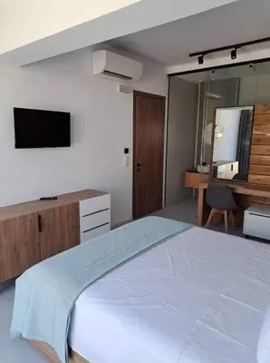 a bedroom with a large bed and a television at Courtyard Luxury Suites “ APOSTOLOS” in Pefki Rhodes