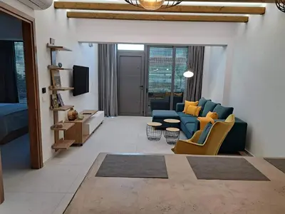 a living room with a couch and chairs and a tv at Courtyard Luxury Suites “ APOSTOLOS” in Pefki Rhodes