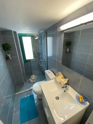 a bathroom with a white toilet and a sink at Paraskevi's Apt - City Center w/ Lovely Park View in Rhodes Town