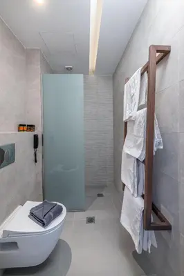 a bathroom with a toilet and a towel rack at Kellys Luxury Apartments in Faliraki