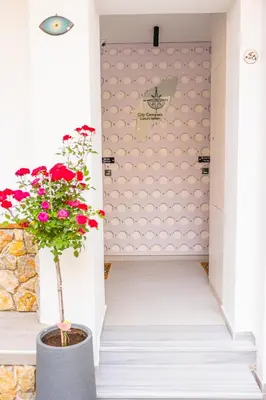 a hallway with a potted plant next to a door at City Compass Luxury Suites in Rhodes Town