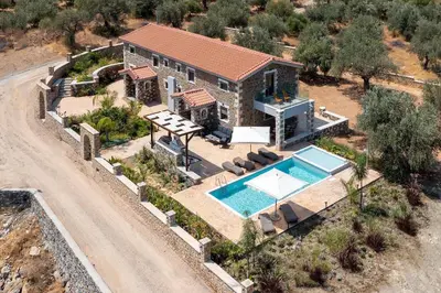 an aerial view of a house with a swimming pool at Villa Antheia in Kalathos