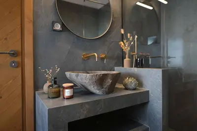 a bathroom with a bowl sink and a mirror at CasaCarma II, private pool, boho design, tradition in Lachania