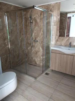 a bathroom with a shower and a toilet and a sink at Lindos Villa Euphoria in Líndos