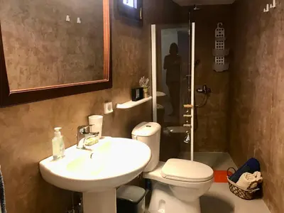 a bathroom with a sink and a toilet and a shower at The Mill House Stella in Symi