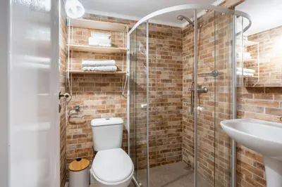 a bathroom with a shower and a toilet and a sink at Alicia's Traditional Home In Paradisi in Paradeísion