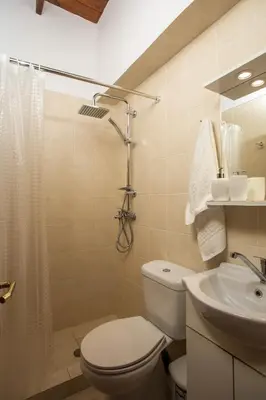 a bathroom with a toilet and a sink and a shower at Annas Houses in Halki